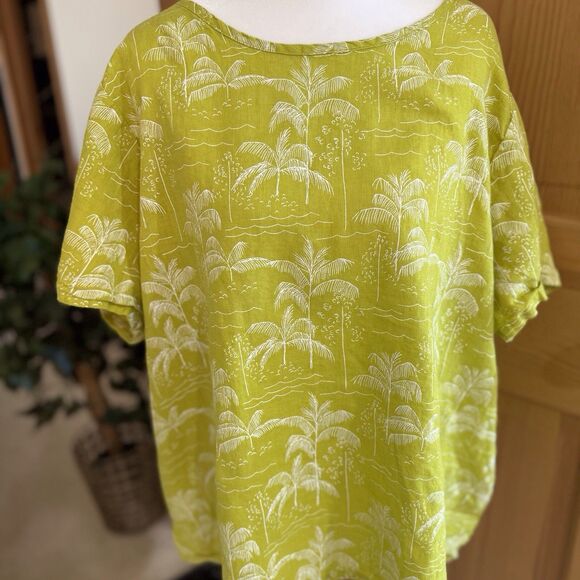 C&C California Shirt Womens 1X Green All Linen Lagen Tropical Palm Trees Beachy - Picture 1 of 8
